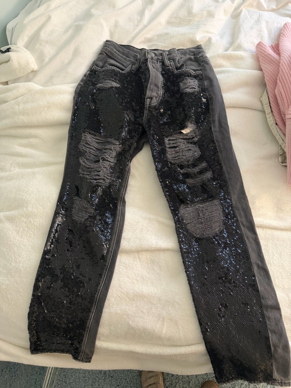 Frame Denim Black Sequin Distressed High-Rise Jeans - straight leg